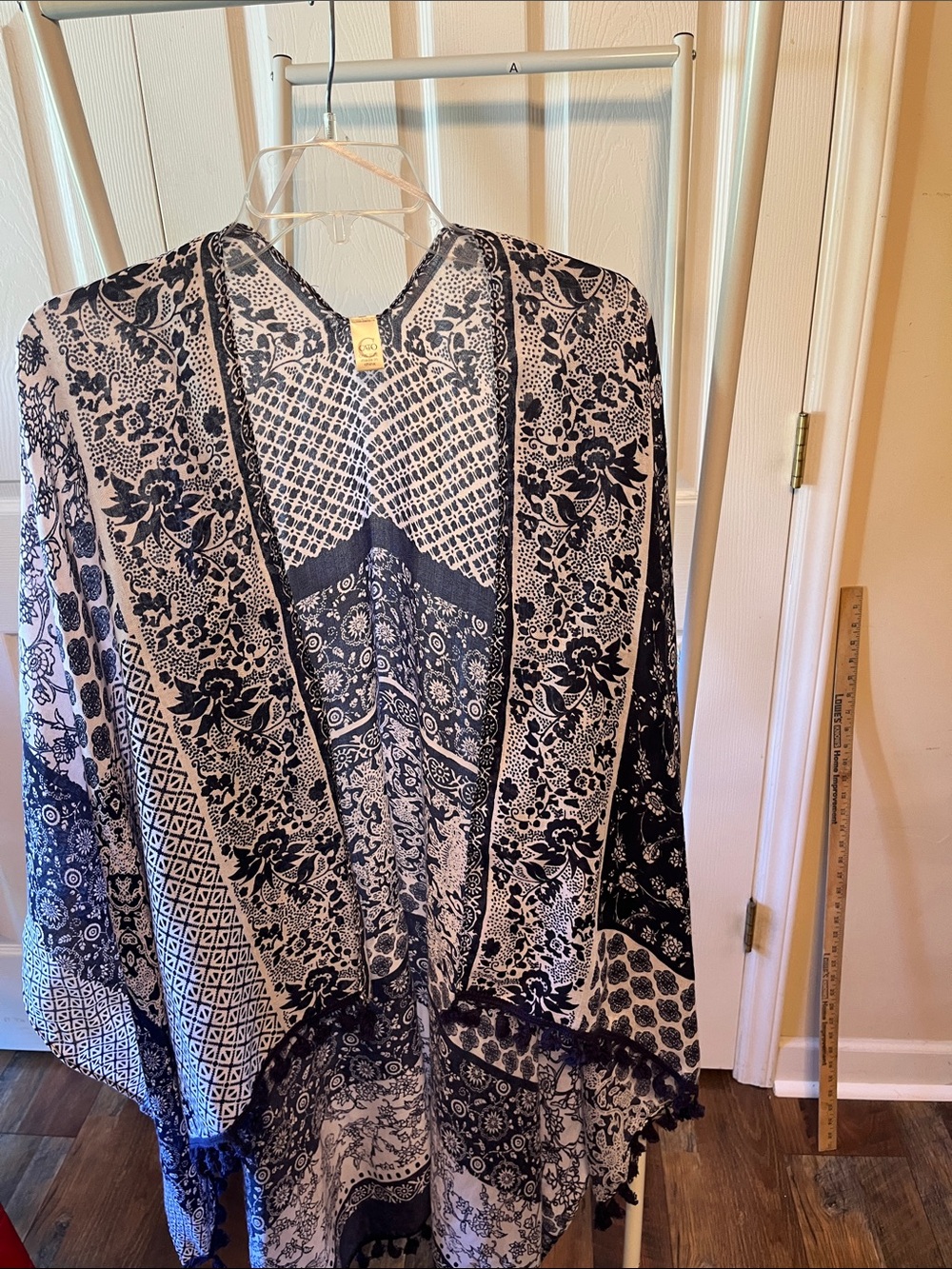 Cato Navy and White Printed Kimono Cape with Fringe